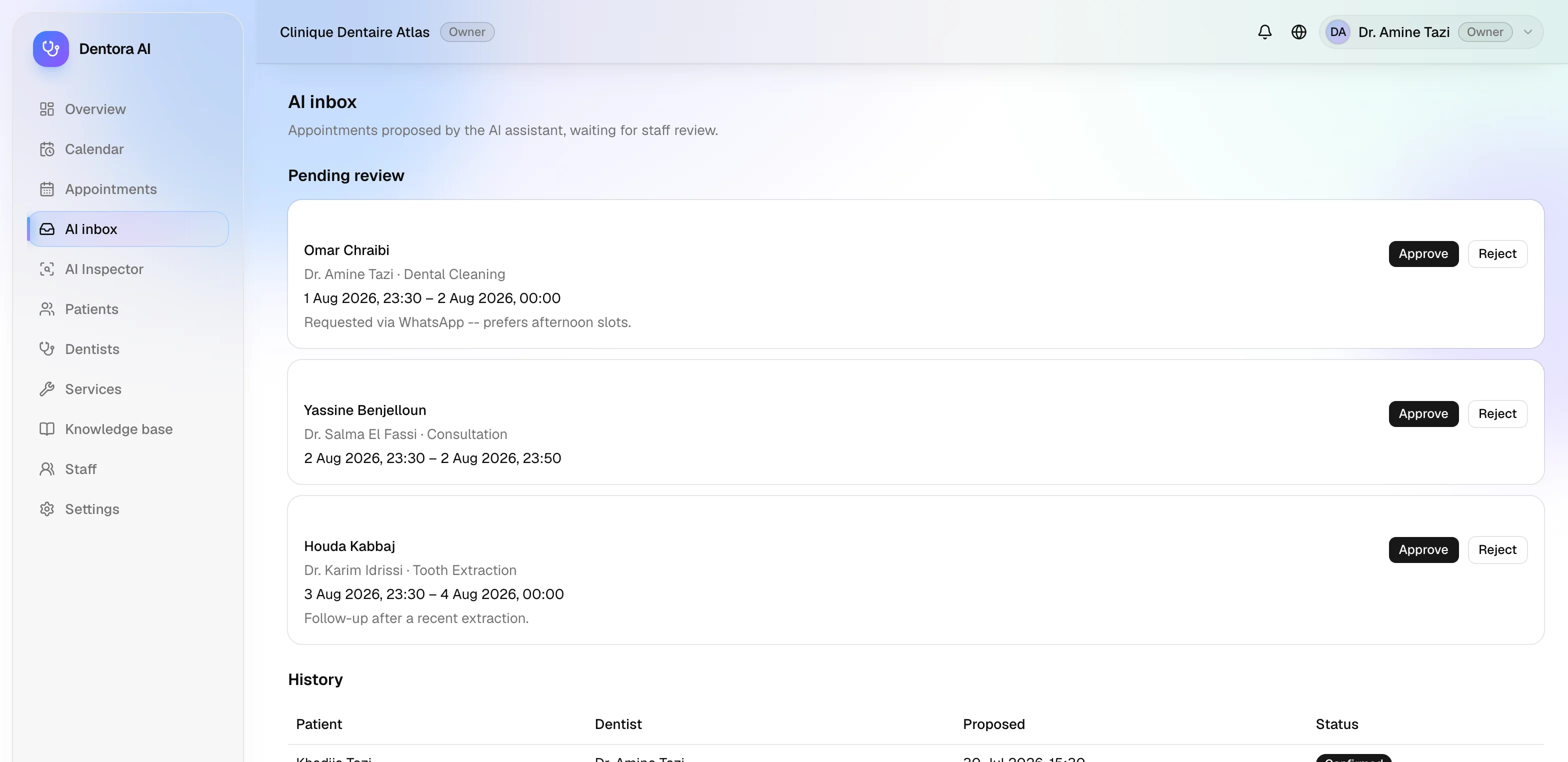 Dentora AI patient chat widget instantly answering a question about teeth whitening pricing and duration