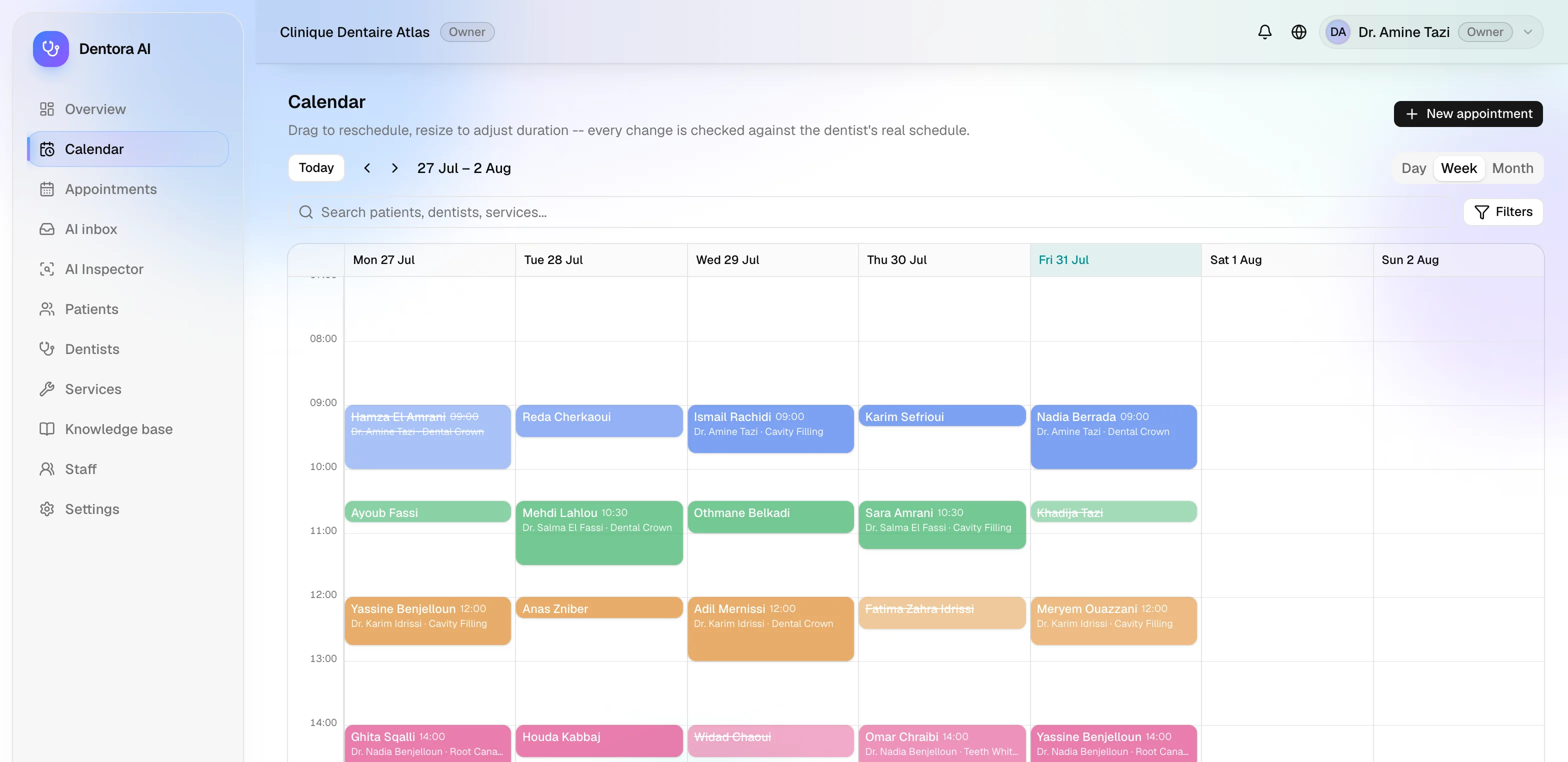 Dentora AI weekly calendar view with color-coded appointments across four dentists