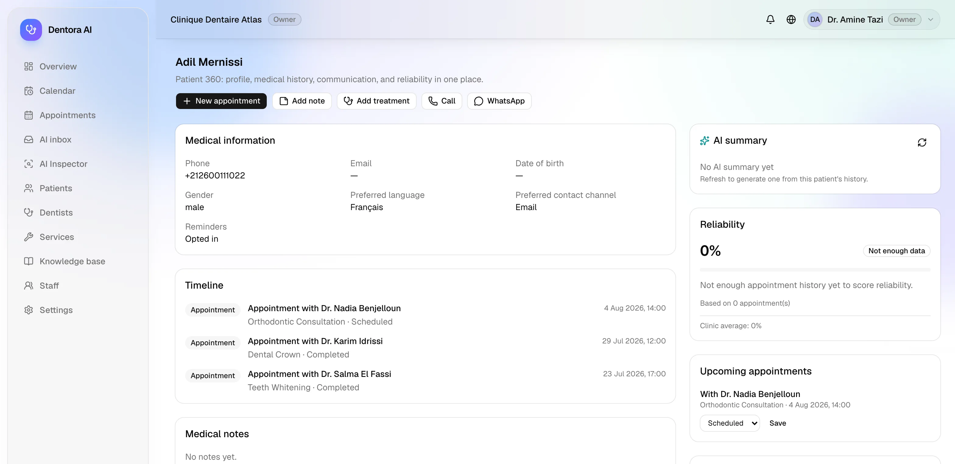 Dentora AI patient 360 profile page showing medical information, reliability score, and timeline