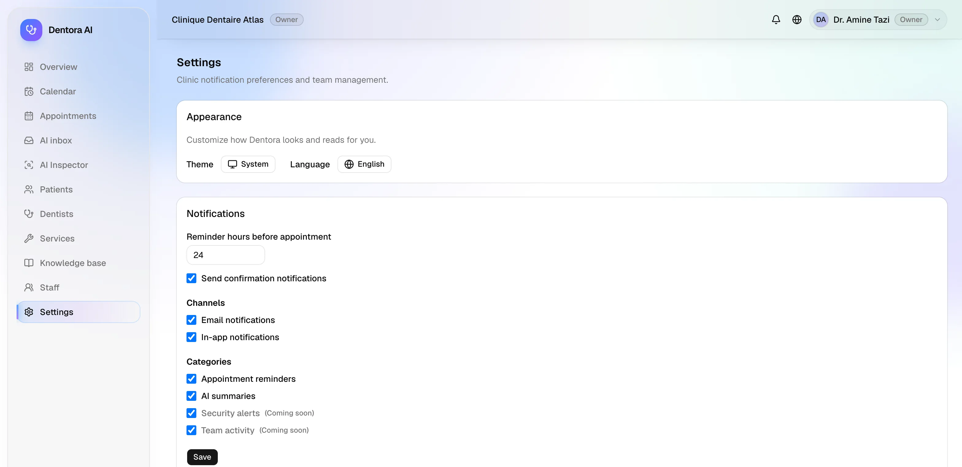 Dentora AI staff page showing a masked API key and an audit log entry recording who created it and when