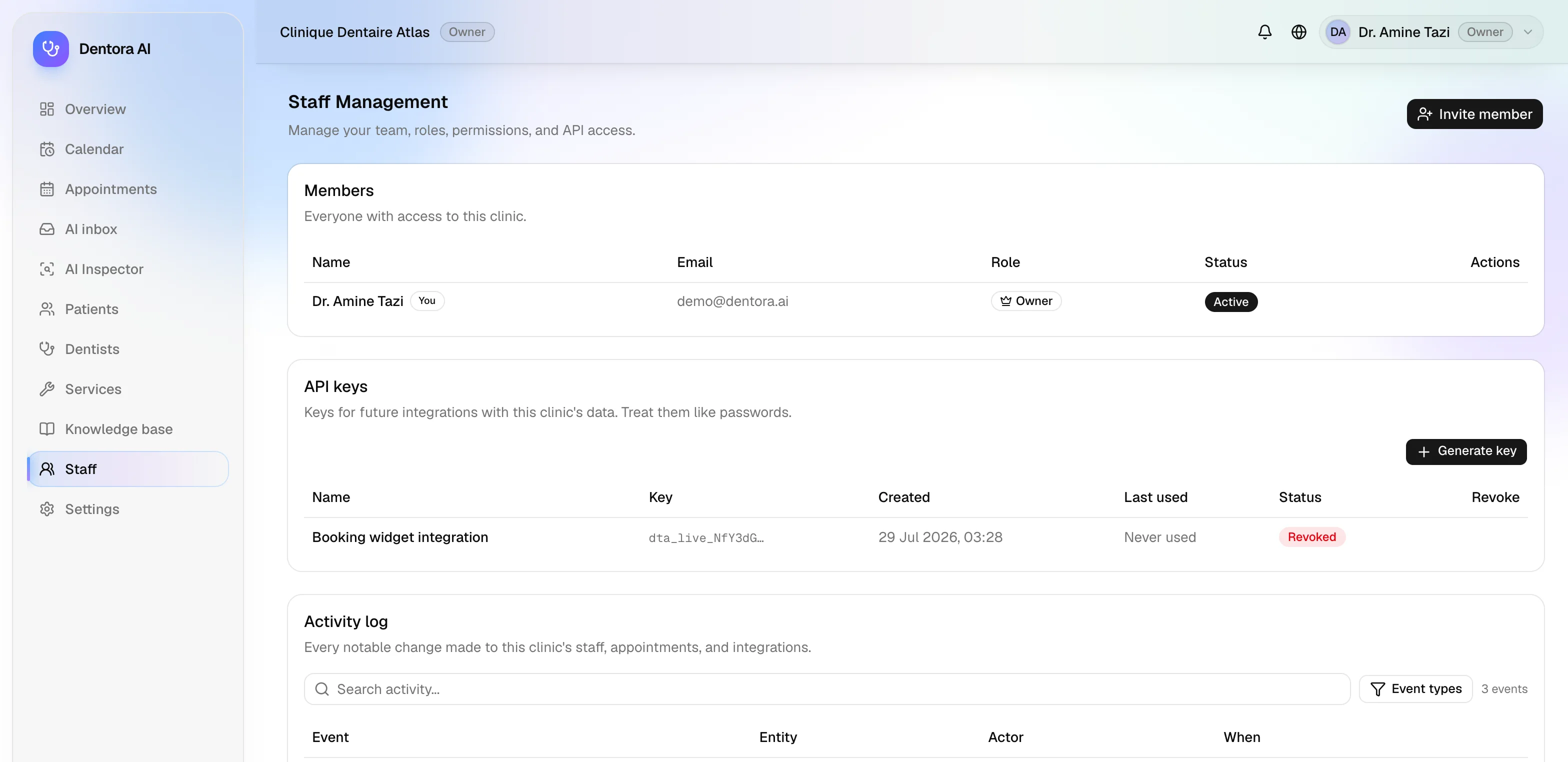 Dentora AI staff management page showing team members, roles, and access status